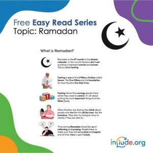 Alt Text: A blue, purple, green and orange border around a square frame. At the top text reads: "Free Easy Read Series. Topic: Ramadan." next to a crescent moon and star symbol. Underneath there is a screen shot of the Easy Read.