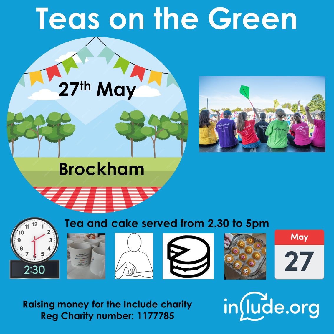 Image of a grassy green with bunting and picnic blanket. Teas on the Green 27th May in Brockham . Teas and cake served between 2.30 and 5pm to help raise funds for Include.org