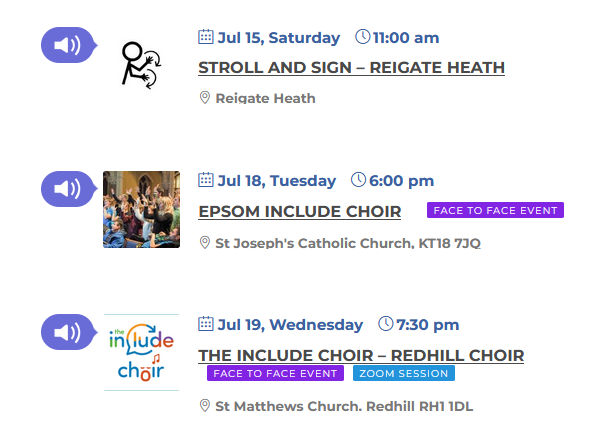 A screen shot of a calendar of things Include.org is doing on 15th 18th and 19th of July. Which are Stroll and Sign on 15th at 11am, Epsom Include Choir on 18th at 6pm and Redhill Include Choir on 19th at 7.30pm