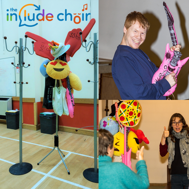 A montage of three photos showing Objects of Reference. 1 photo shows  Hattie the Hat stand loaded with props like two large foam hands, a round emoji cushion with a smile and hearts as eyes. A photo of a choir member having fun playing a blow-up guitar. Choir Director standing next to the hat stand doing thumbs up and the back of someone in the choir also doing thumbs up - the Makaton sign for good.