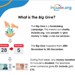 Screen shot of Easy Read about the Big Give fundraiser - gives dates 28th November to 5th December
