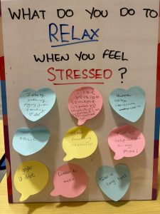 Sticky notes on a board with handwritten comments about how people relax when stressed