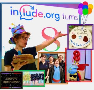 Include CEO Alix celebrates May 4th -an 8 balloon indicates Include.org turning 8 years old