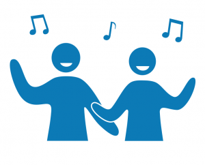 symbol of two people singing and signing with musical notes in the air