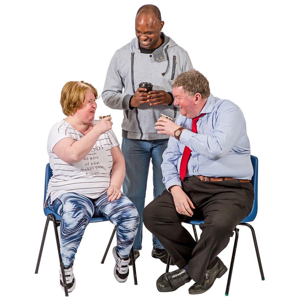 three people talking and drinking tea