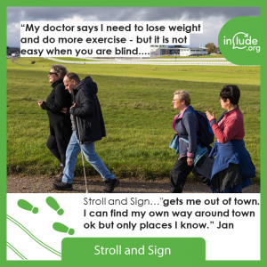Four people walking briskly in the open grass by Epsom Downs with the words: …"It gets me out of town. I can find my own way around town ok but only places I know. My doctor says I need to lose weight and do more exercise - but it is not easy when you are blind." Jan