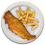 A plate with a fillet of fish and portion of chips on it