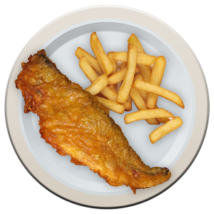A plate with a fillet of fish and portion of chips on it