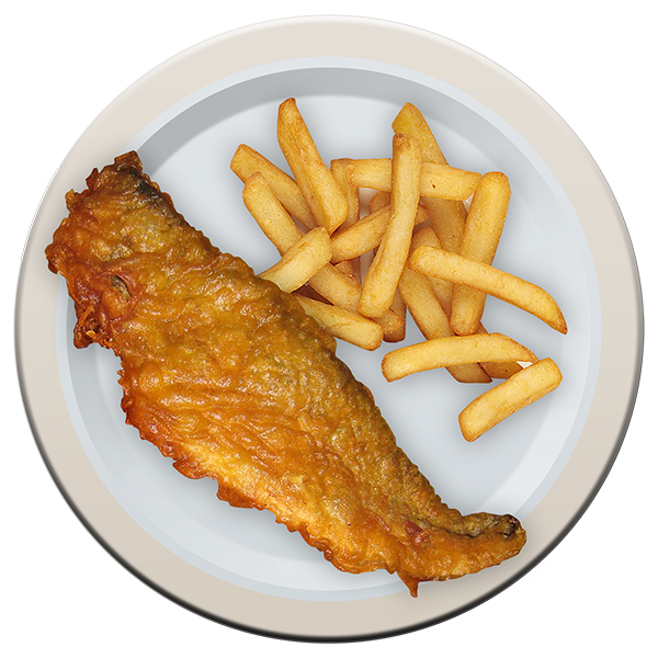 A plate with a fillet of fish and portion of chips on it