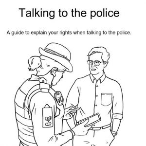 A line drawing of a police officer taking notes while talking to a member of the public. Title Talking to the Police - a guide to your rights when talking to the police