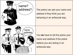 Line drawing of a policeman talking notes while asking name and address? text reads: The police can ask your name and address if they think you are behaving in an antisocial way. Second line drawing of two uniformed police talking to two members of the public. text reads: You do have to tell the police your name and address if they police believe you are acting in an antisocial way.