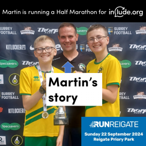 Martin and his 2 boys stood together smiling wearing sports clothes
