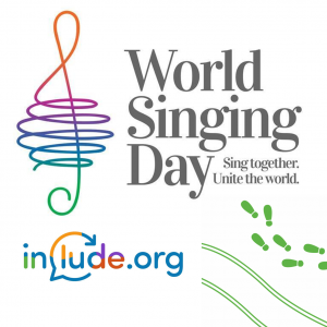 World Singing Day logo and footprints and wheel prints