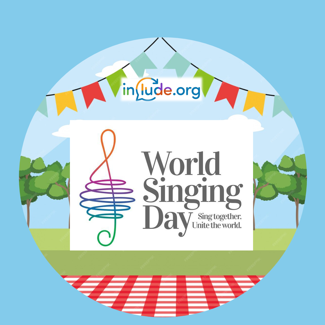 World Singing Day logo on an image of a park with a picnic blanket