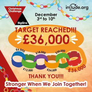 Image of a paperchain. Big Give Christmas Challenge logo. December 3rd to 10th. Include Fundraising Target £36,000. Target Reached - Thank you! Stronger when we Join Together.