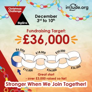 December 3rd to 10th Include's Fundraising Target is £36,000 - so far over £3000 has been raised. Great Start. Stronger when we join together