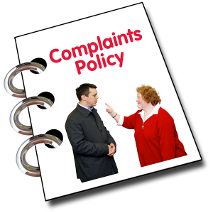 Document cover that says Complaints Policy with a photo of a man and woman talking about something