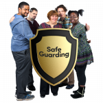 Safeguarding image - 5 people protected by a large shield that says safeguarding