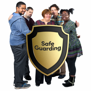Safeguarding image - 5 people protected by a large shield that says safeguarding