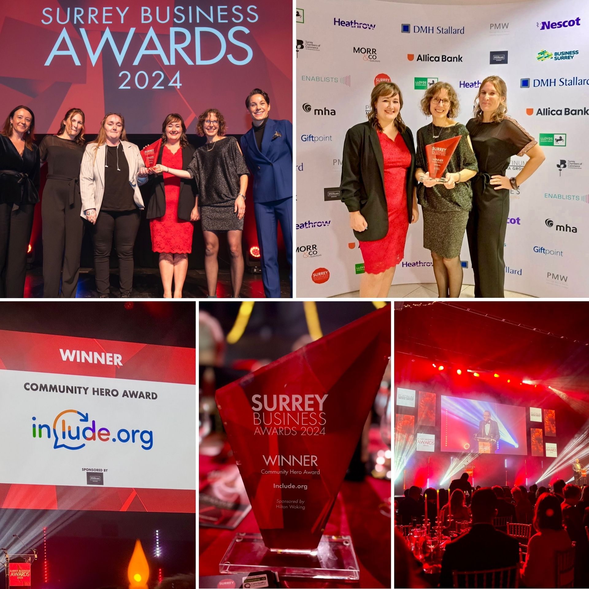 5 photos on one page showing Alix, Emily, Beth and Penny receiving the Surrey Business Award 2024 for the Community Hero category