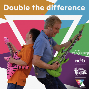 Double the difference and the Big Give logo - a photo of a Choir Director and a choir member playing inflatable guitars together