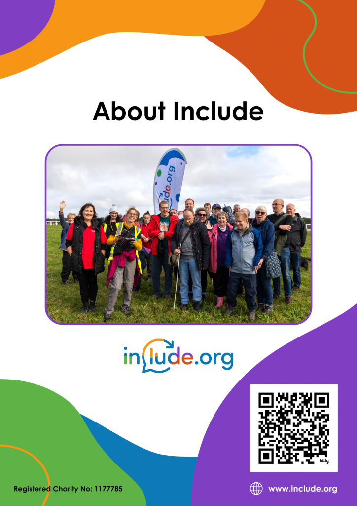 Cover of a brochure that says About Include and has a photo of a group of about 25 people at an Include project