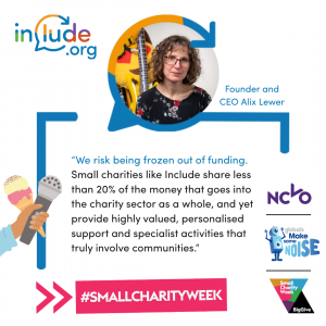 Logo says Small Charity Week and Include's Founder and CEO Alix Lewer is pictured and she says “We risk being frozen out of funding. Small charities like Include share less than 20% of the money that goes into the charity sector as a whole, and yet provide highly valued, personalised support and specialist activities that truly involve communities.”