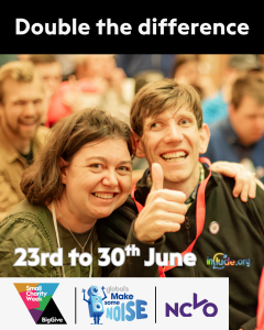 Two Include Choir members are smiling and one has his thumb up signing Good. The words say Double the Difference 23rd to 30th June