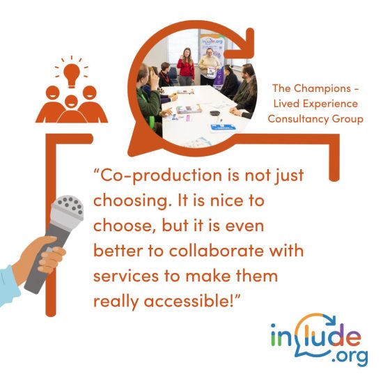 A photo of the Lived Experience Trustees and Champions talking at a table. Words say Co-production is not just choosing. It is nice to choose, but it is even better to collaborate with services to make them accessible.