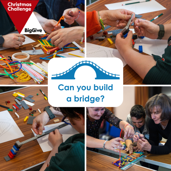 A collage of four images showing people building a bridge with lego and other craft materials. In the middle an icon of a bridge with text that says: Can you build a bridge?
