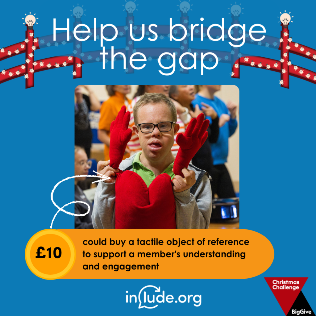 An appeal to help Include bridge the gap with a donation of £10 which could buy a tactical object of reference to support a member's understanding and engagement. An arrow points to a red heart shaped cushion being held by a member of the Include Choir.