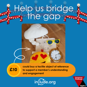 An appeal to help Include bridge the gap with a donation of £10 which could buy a tactical object of reference to support a member's understanding and engagement. An arrow points to a collection of objects of reference.