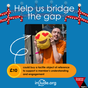 An appeal to help Include bridge the gap with a donation of £10 which could buy a tactical object of reference to support a member's understanding and engagement. An arrow points to an emoji cushion being held by a member of the Include Choir.