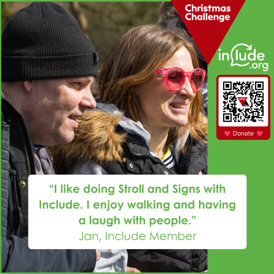 Jan and Penny at a Stroll and Sign walk. A quote from Jan reads: 