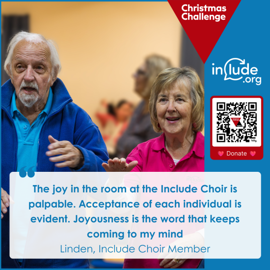Include Choir members Nigel and Linden participating in an Epsom choir session. A quote reads: 