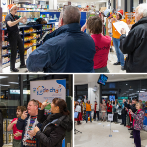 A collage of three images of Include Choir members, staff and volunteers performing at a Christmas carol singing event at Waitrose in Banstead. The group is using Makaton signs while singing for the community.