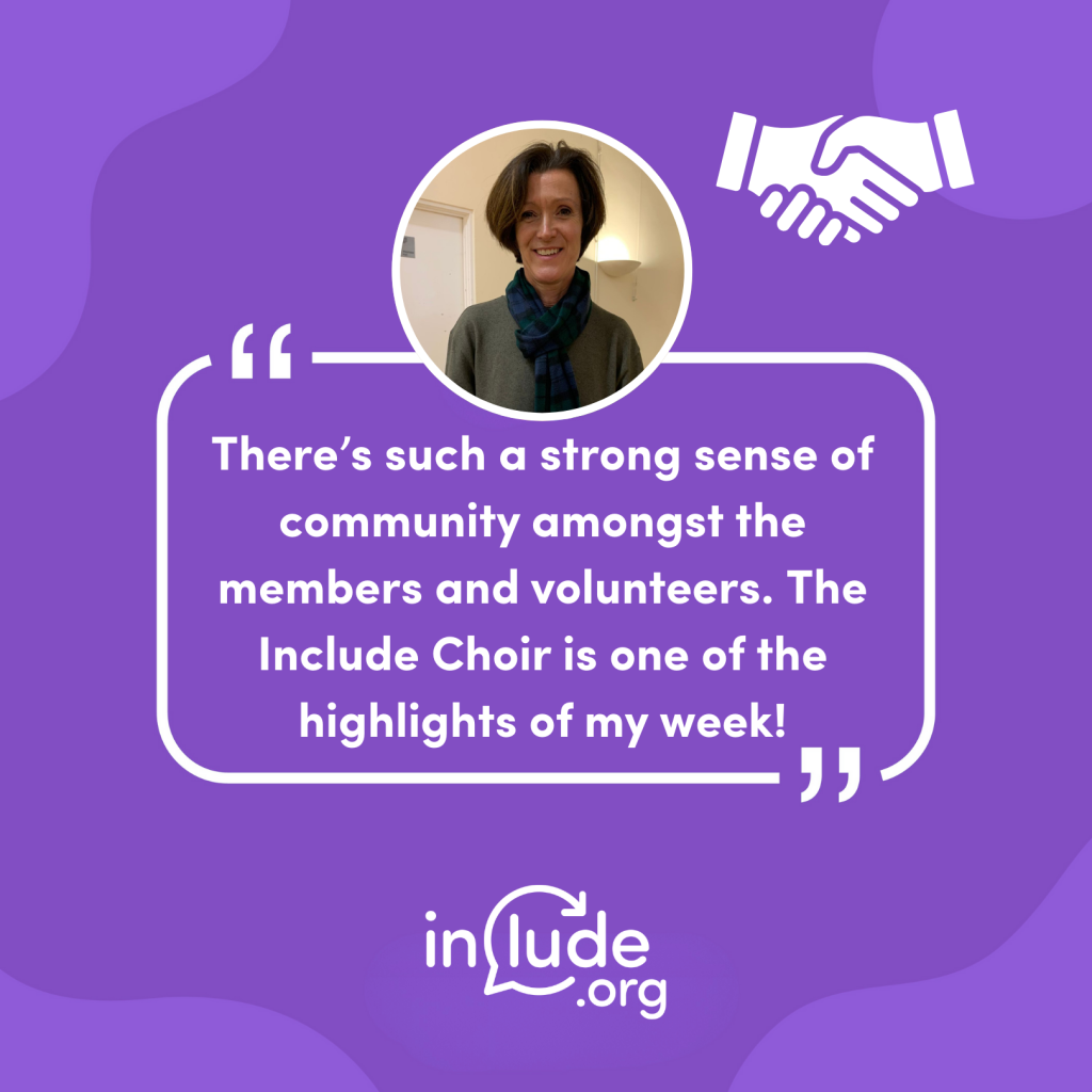 A purple graphic featuring a photo of Epsom volunteer Zoe with a quote from her that reads: ‘There's such a strong sense of community amongst members and volunteers. The Include Choir is one of the highlights of my week!”. A handshake icon appears in the top right corner representing the sense of community described by Zoe.