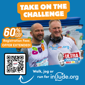 A promotional graphic titled "New Challenge Alert!" on a blue background. In the centre, is an image of Include founder and CEO Alix smiling, wearing rainbow pom-pom headwear, and rainbow face paint holding up two large foam hands with text that reads: "Communication is more than words" written on it. Include.org has teamed up with Ultra Challenge and is offering a 60% discount on registration fees if you book a challenge by 31 March. A QR code is also visible to scan to take you to find out more about how you can walk, jog or run for Include.