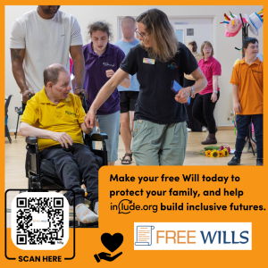 Graphic showing Alix, wearing a black Include t-shirt, smiling and reaching out to hold hands with a man seated in a wheelchair wearing a yellow Include polo shirt, surrounded by other group members at an Include Choir session. An orange banner at the bottom displays the message: "Make your free Will today to protect your family, and help include.org build inclusive futures." Features a QR code labeled "SCAN HERE", a heart-in-hand icon, and the Free Wills logo.